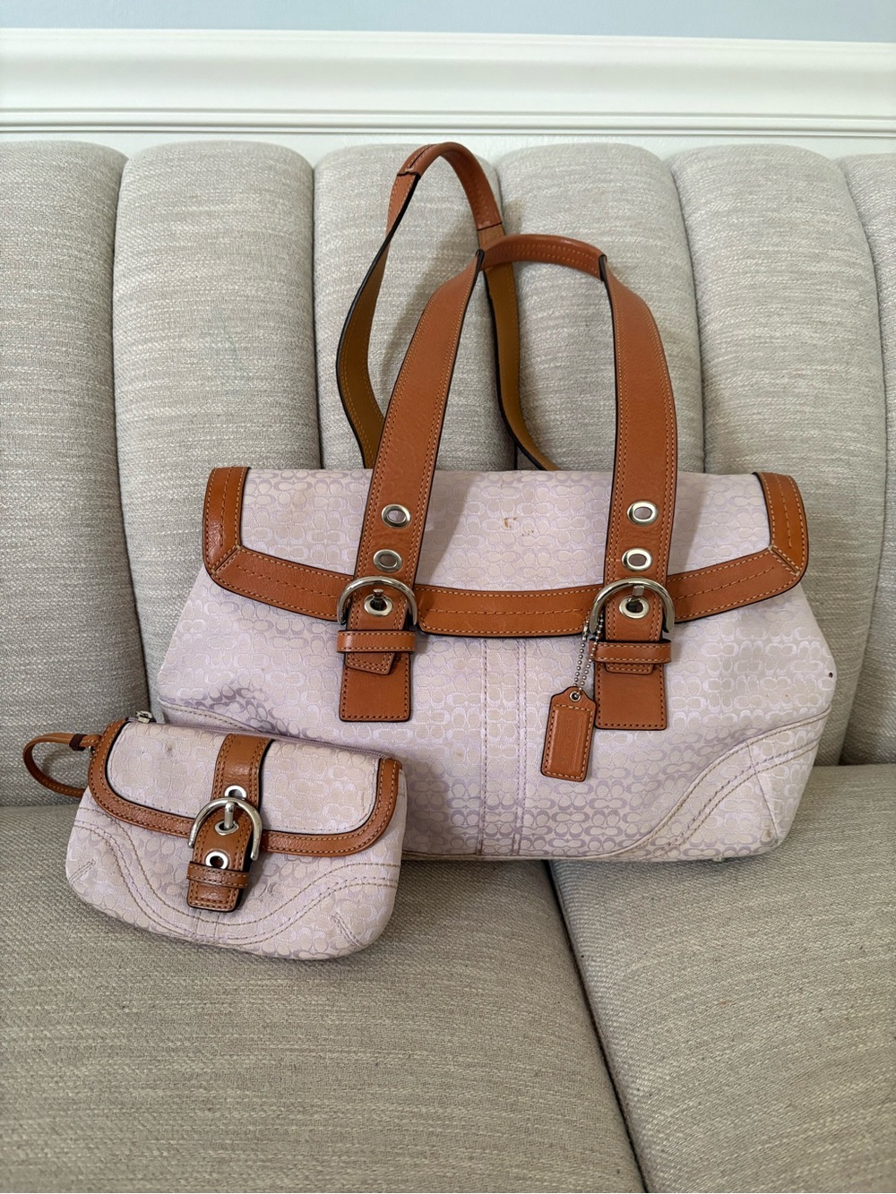 Coach Y2K lilac & brown monogram tote shoulder bag  w/ matching wristlet F12312